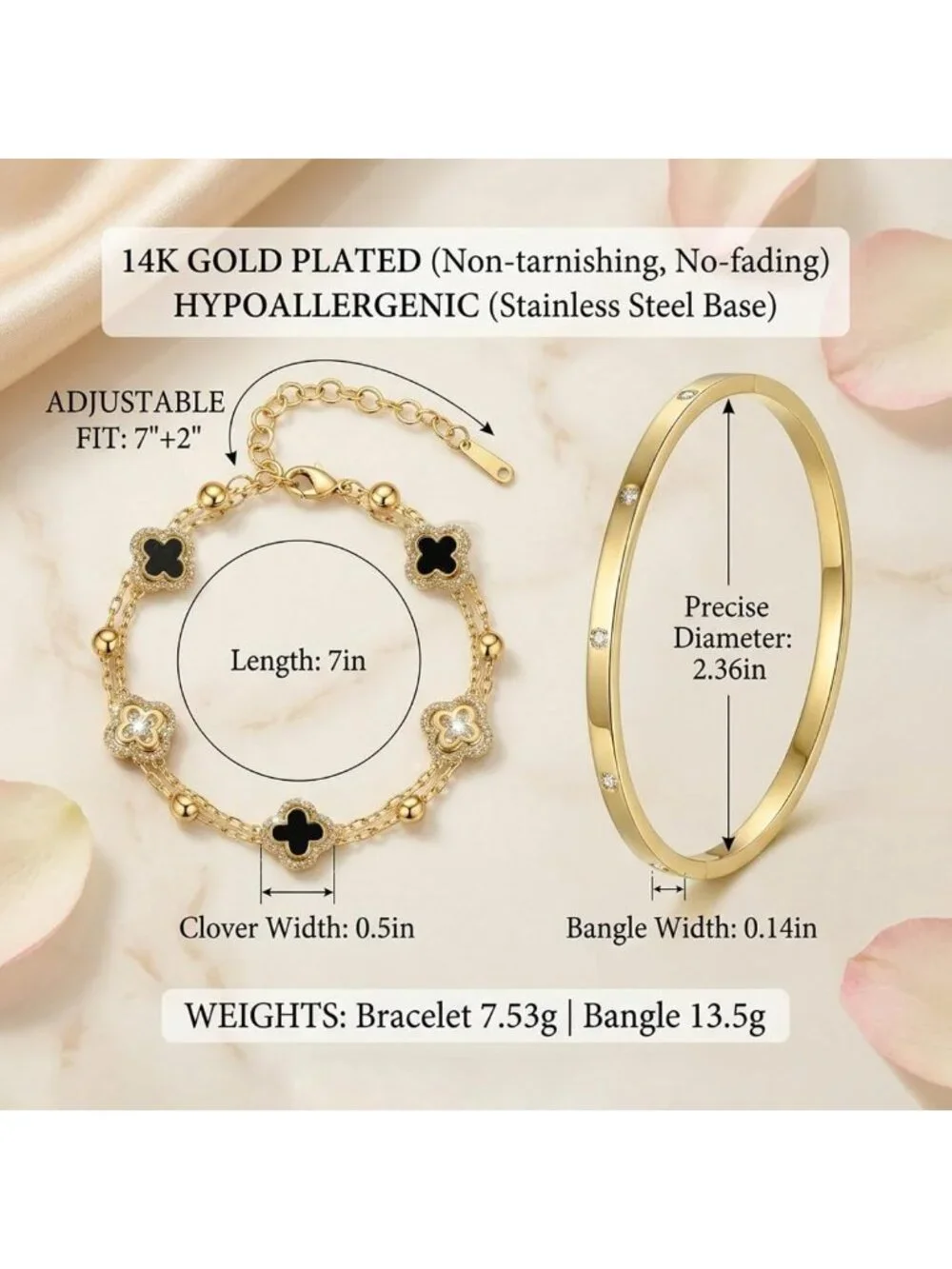 Elegant 14K Gold Plated Clover Bracelet Set for Women, Stackable CZ Jewelry